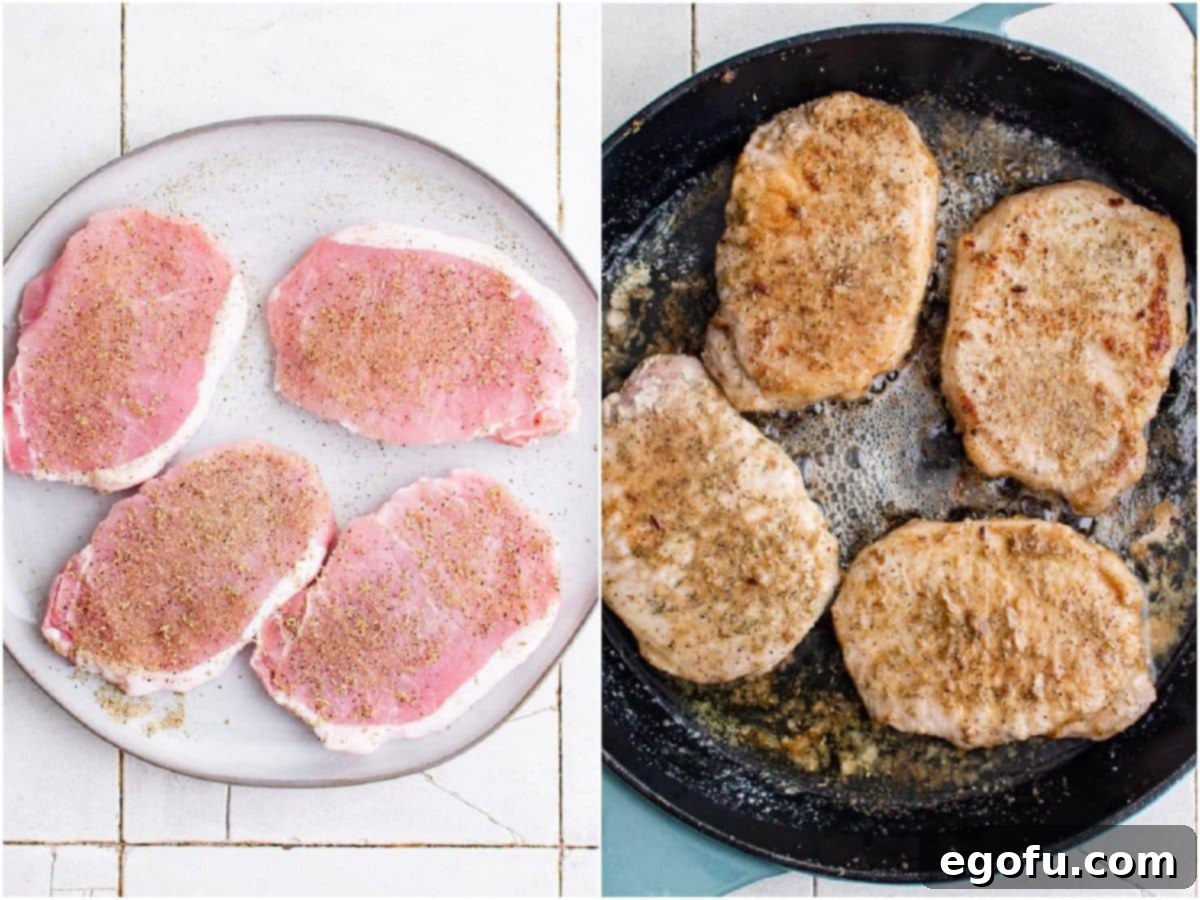 collage of two photos: seasoned pork chops on a plate; pork chops cooking in a cast iron skillet. 