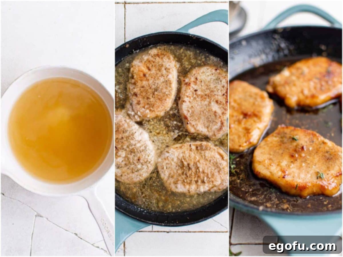 collage of three photos: honey garlic glaze ingredients in a bowl; honey garlic glaze poured into skillet with pork chops; pork chops shown fully cooked in a thickened glaze. 