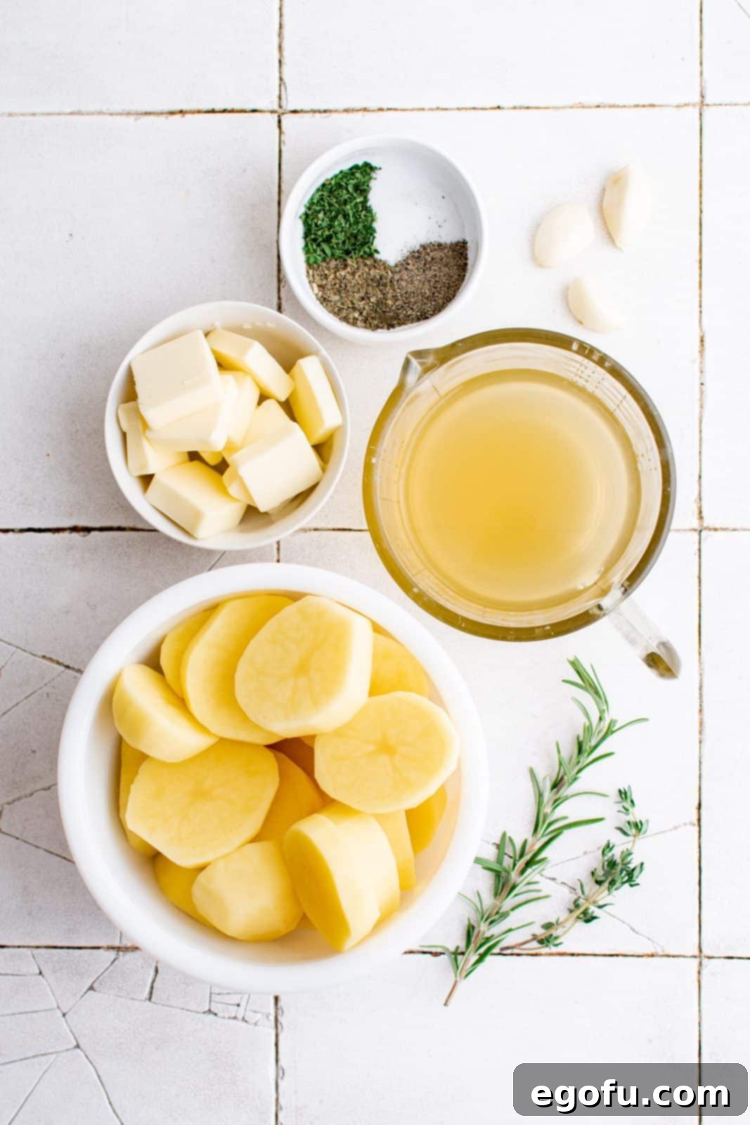 Golden Melt-Away Potatoes 3 Ingredients needed: yukon gold potatoes, dried basil, dried parsley, salt, pepper, butter, garlic, sprig fresh rosemary, sprig fresh thyme and chicken broth