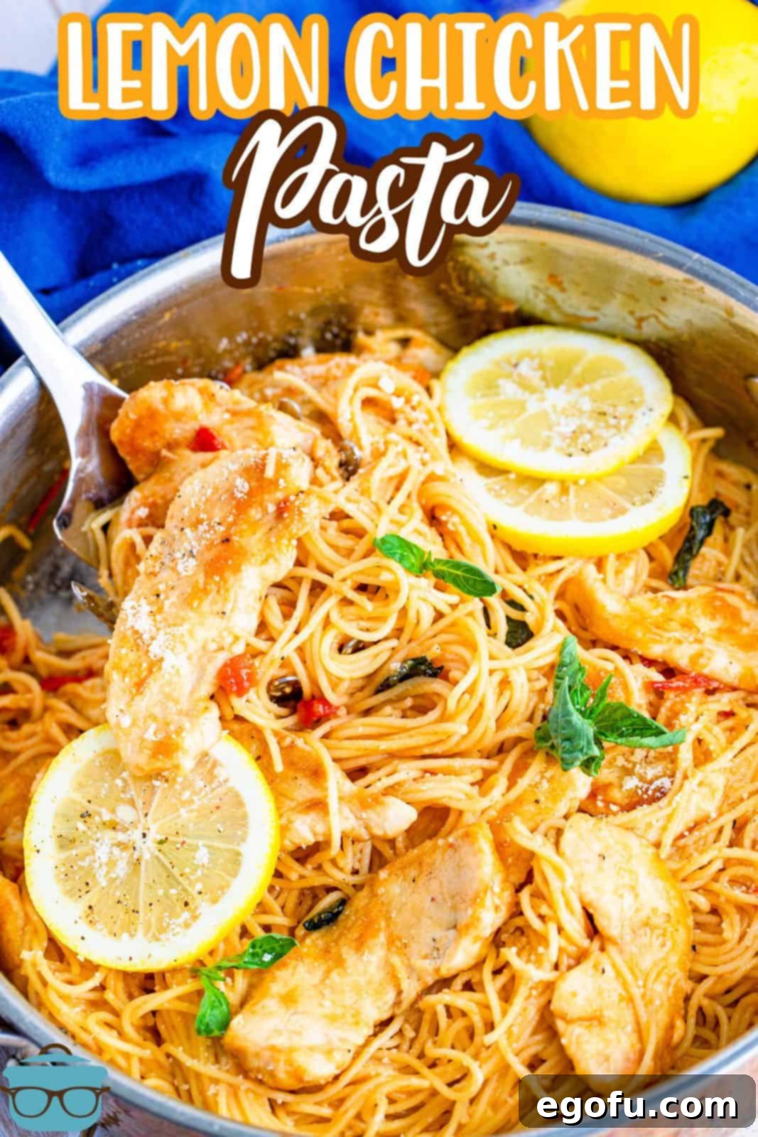 Pinterest image of Lemon Chicken Pasta on serving spoon slightly out of pan.