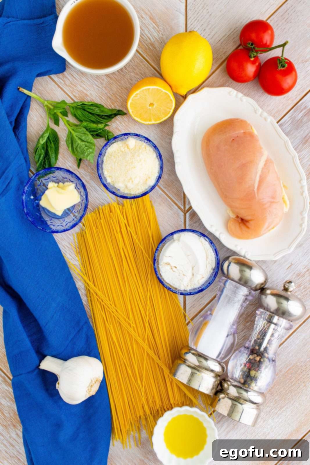 Ingredients needed: chicken breast, all-purpose flour, kosher salt, pepper, olive oil, unsalted butter, garlic, tomato, lemon juice, chicken stock, parmesan cheese, angel hair pasta, and basil leave.