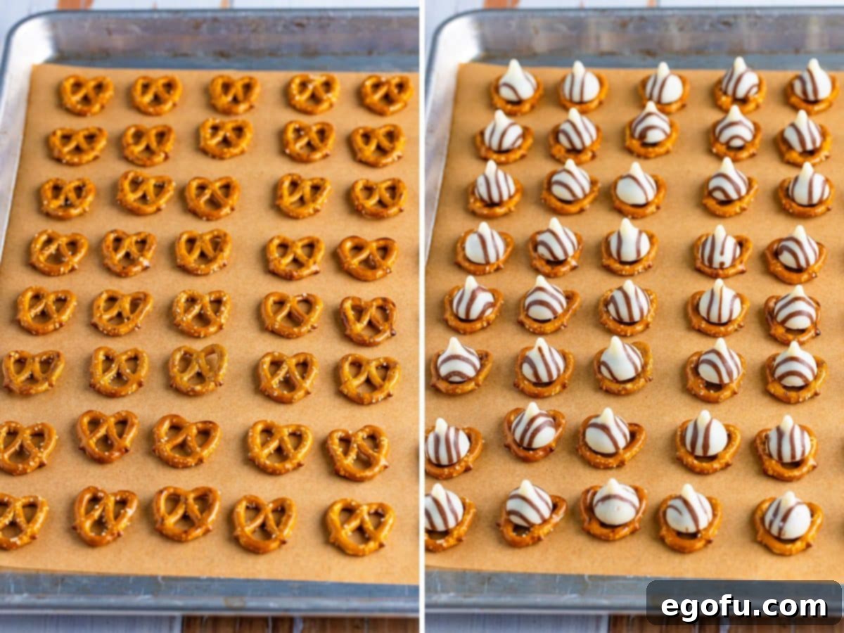 Two images side by side: one showing pretzels on a baking sheet, and the other showing Hershey Hugs placed on each pretzel.