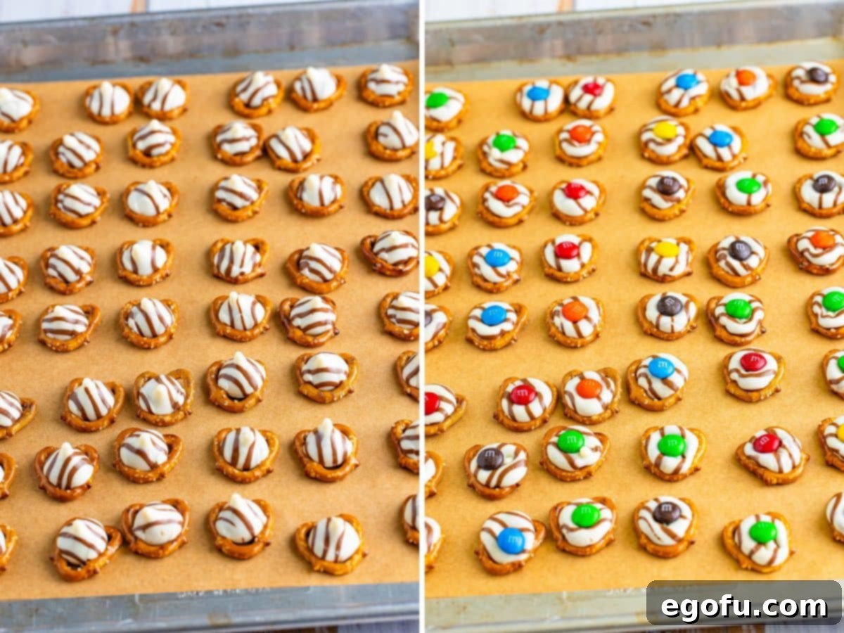 Two images side by side: one showing pretzels with melted Hershey Kisses, and the other showing M&M's pressed into the melted chocolate.
