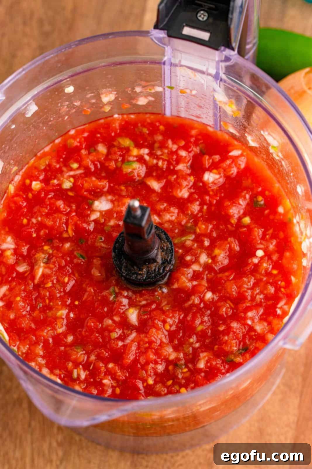fully processed salsa in a food processor.