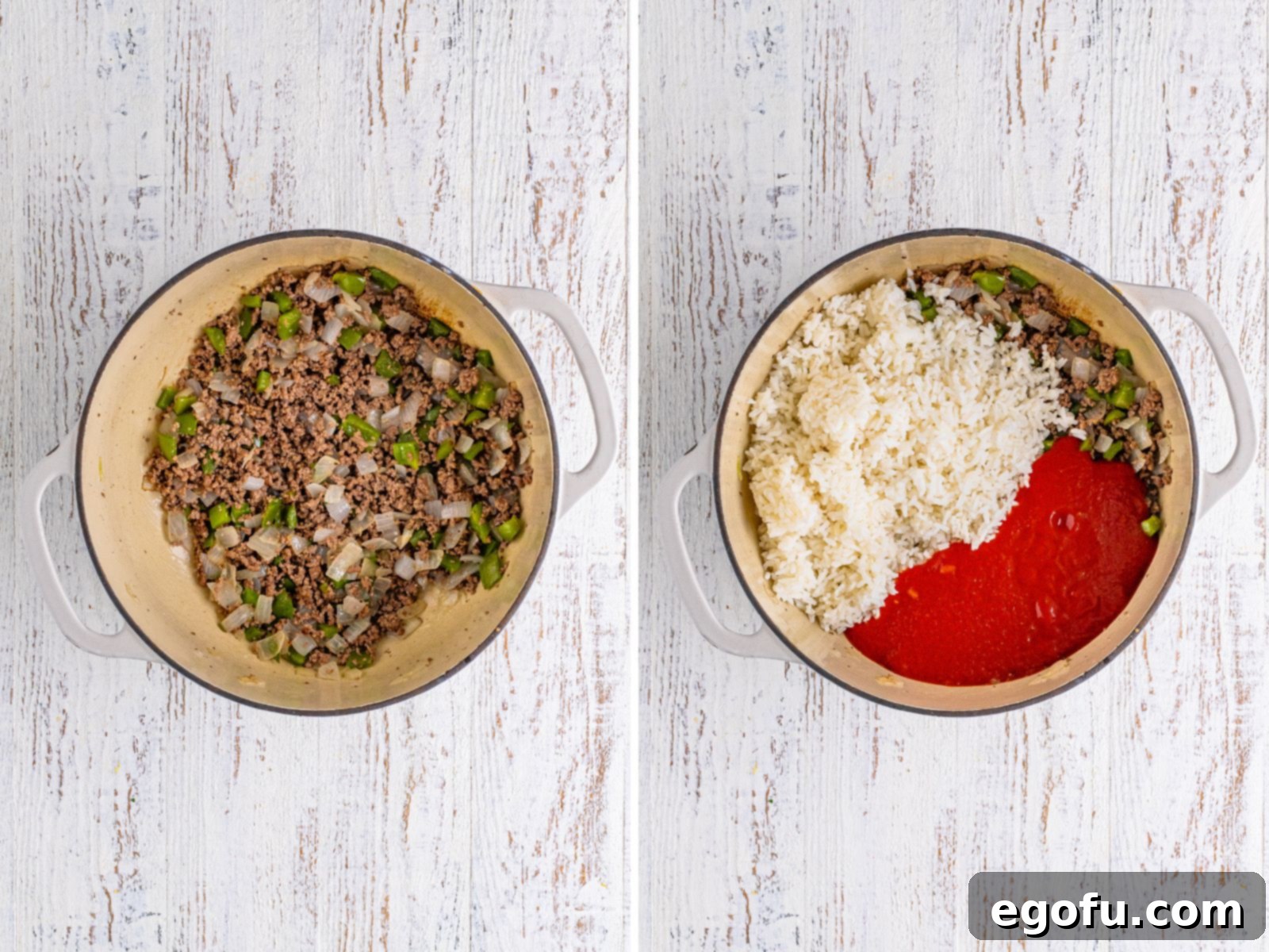 Homemade Spanish Rice 5 A large pot with cooked ground beef, onion and bell pepper and a second pot with beef, rice, tomato sauce, onion, pepper and spices, showing the cooking process.