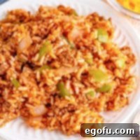 Homemade Spanish Rice 7 Up close looking at some Spanish style rice on a plate.