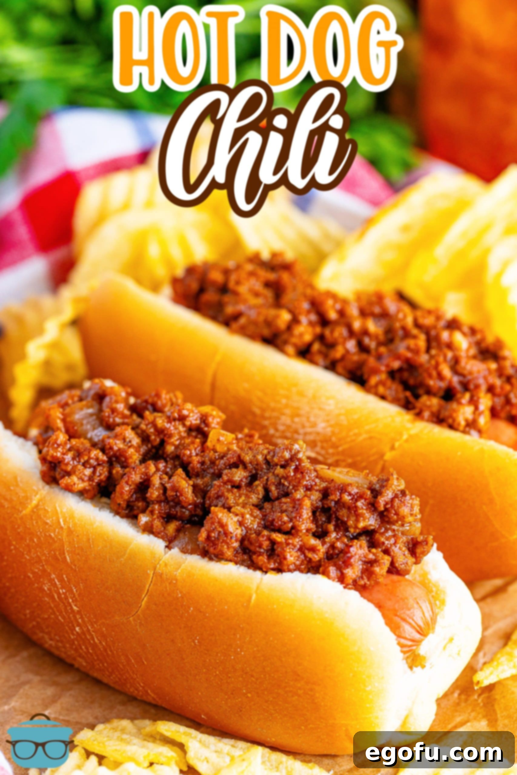 Two hot dogs with Hot Dog Chili on them.