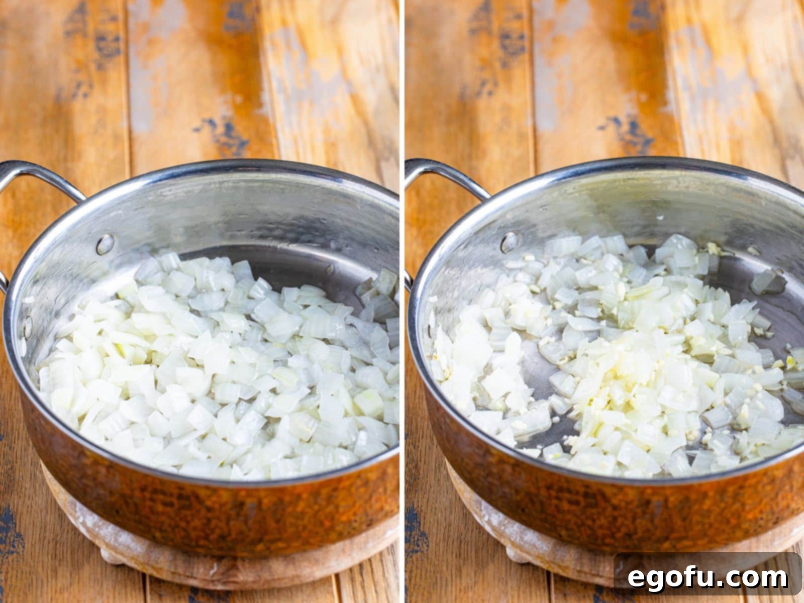 A saucepan with oil and onions and a sauce pan with oil, onions, and garlic. 