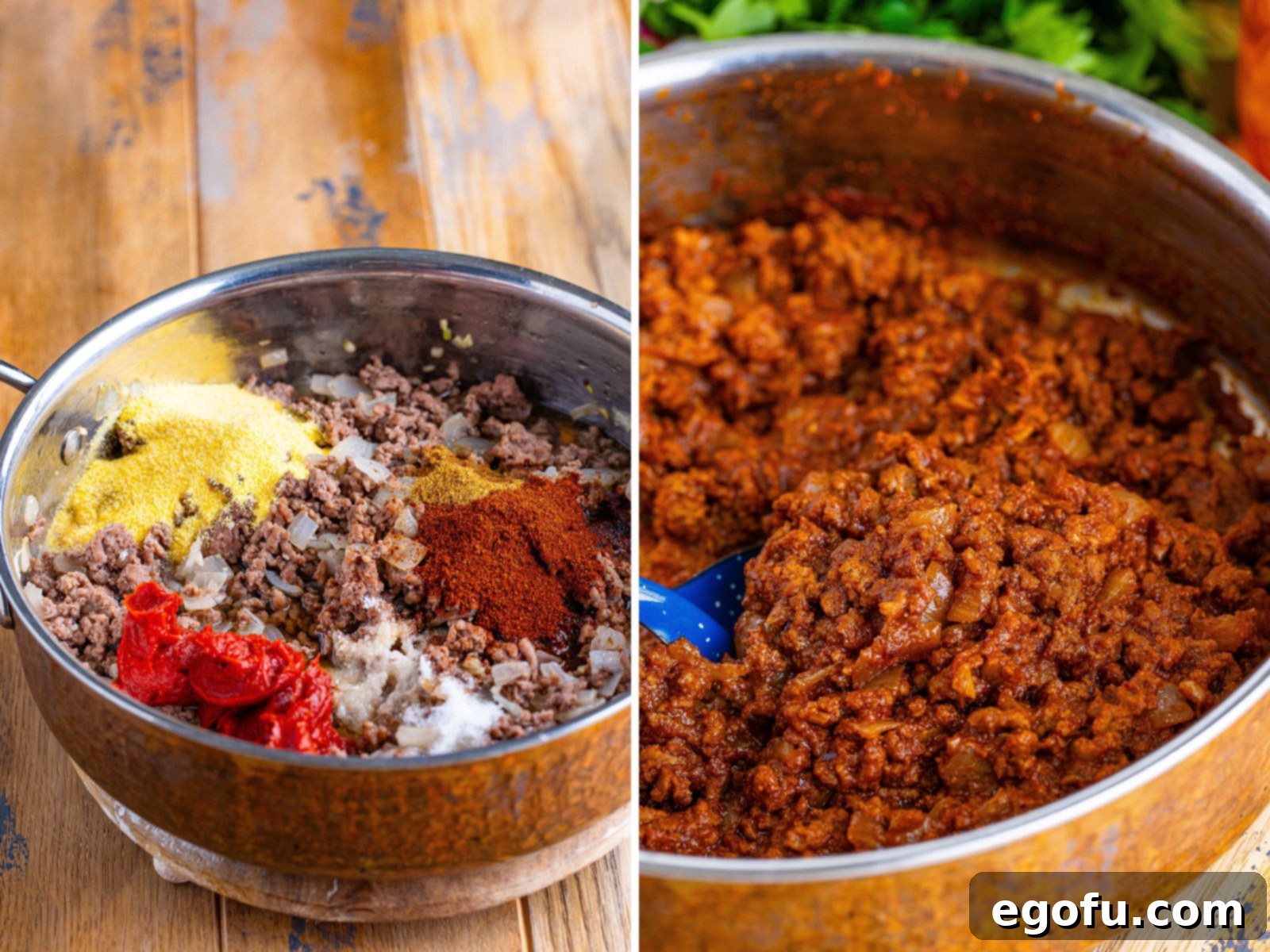 Ground beef and spices added to a pot with onions, garlic, and oil and a pot with fresh made Hot Dog Chili.