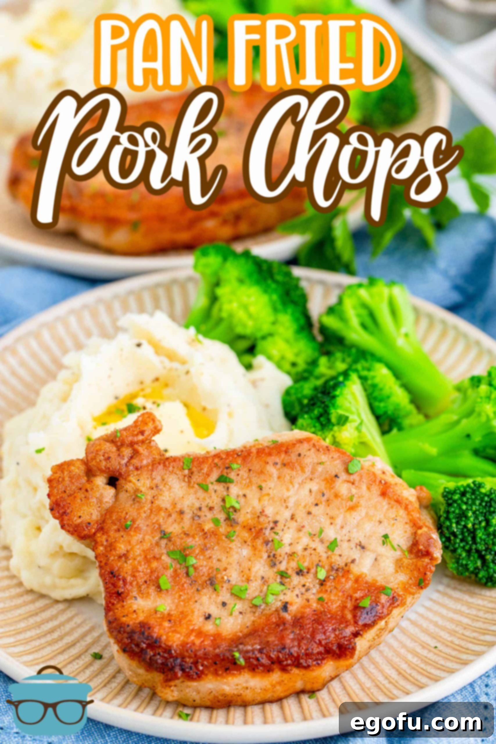 Easy Pan Fried Pork Chops recipe from The Country Cook, cooked pork chop shown on a tan colored plate with mashed potatoes and steamed broccoli.
