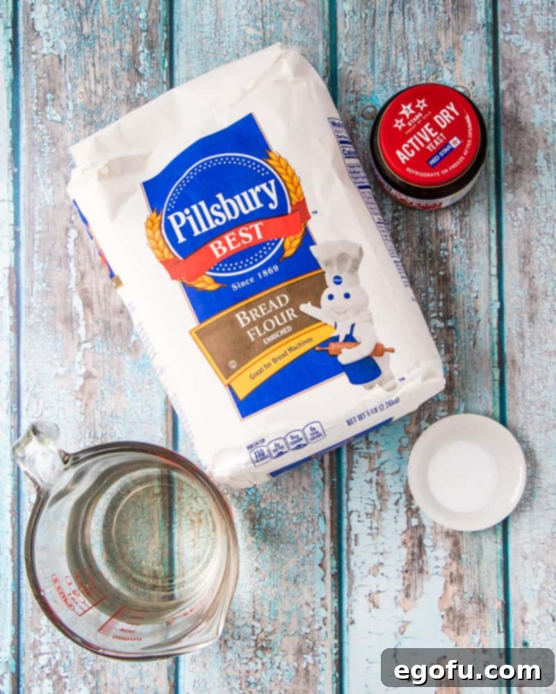 Effortless French Bread Baked Your Way 5 ingredients pictured for French Bread: very warm water, bread flour, salt, active dry yeast.