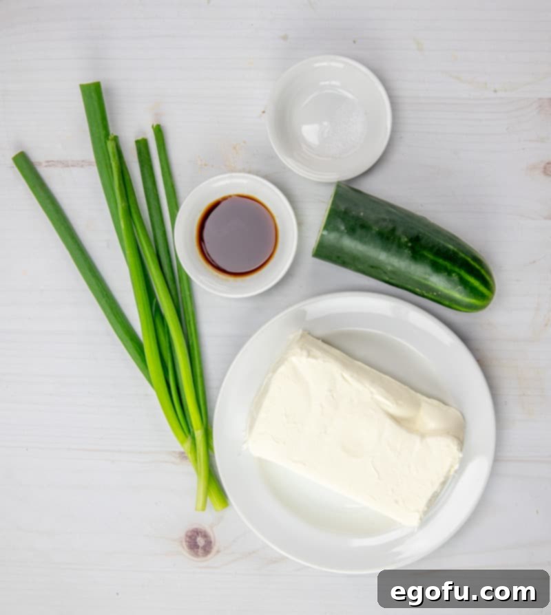 cream cheese, green onions, cucumber, salt, Worcestershire sauce.