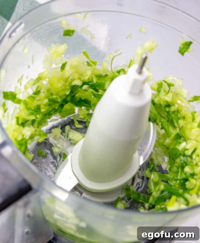 coarsely chopped green onion and cucumber in food processor.