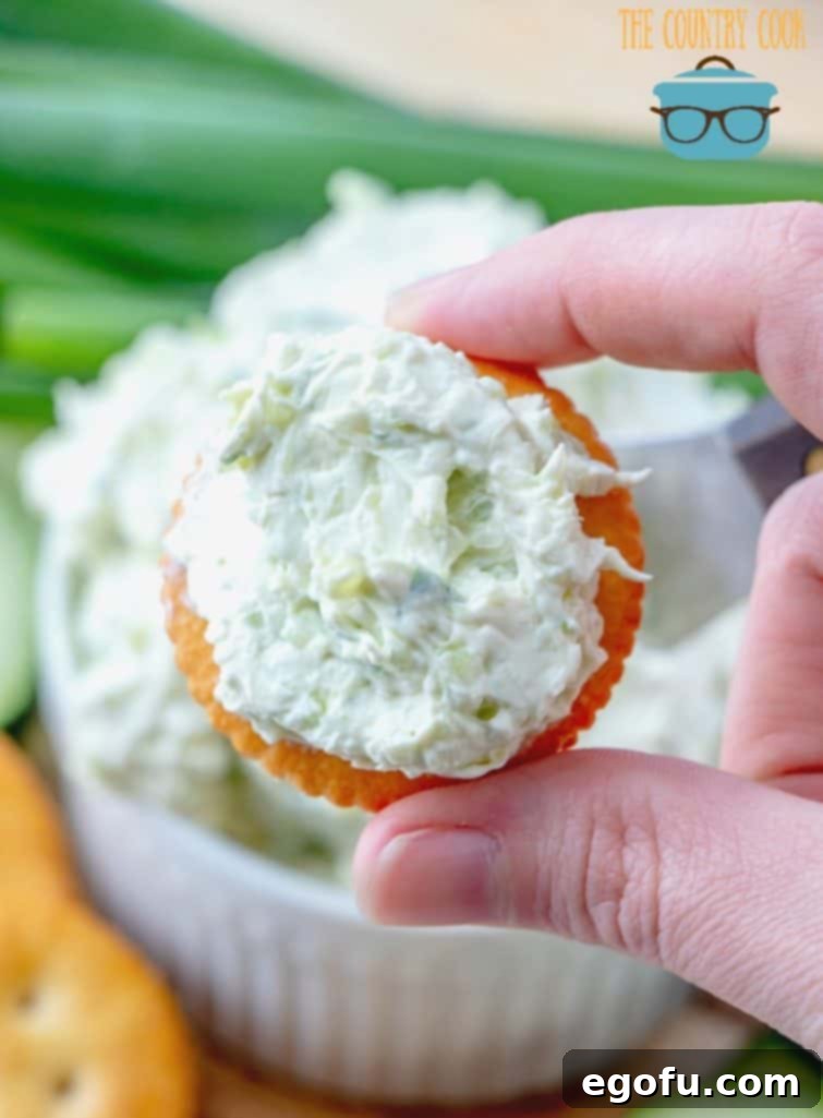 Creamy Cucumber Green Onion spread on Ritz cracker