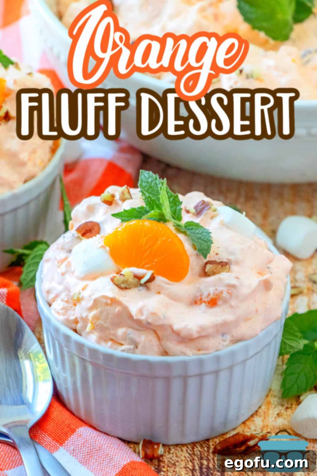 Orange Fluff Dessert recipe from The Country Cook. Serving shown in a small white ramekin.