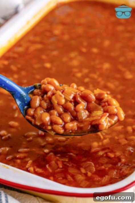 Hearty Comfort Baked Beans 14 A serving utensil holding a scoop of Southern Baked beans.