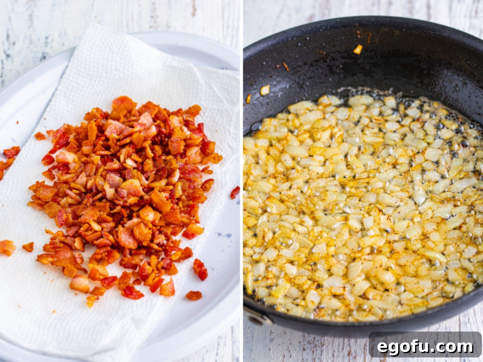 Hearty Comfort Baked Beans 5 Cooked bacon on a paper towel lined plate with a skillet filled with cooked onions.