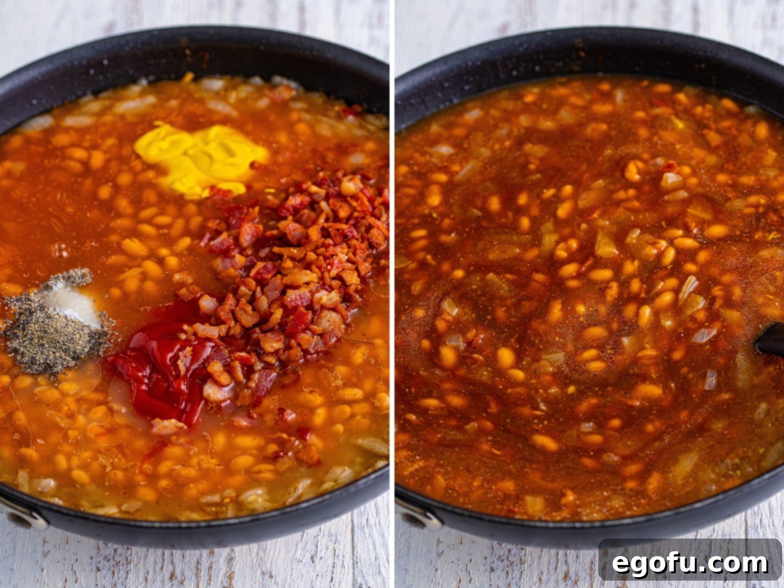 Hearty Comfort Baked Beans 6 All the ingredients needed for baked beans in a skillet and a skillet filed with Southern baked beans.