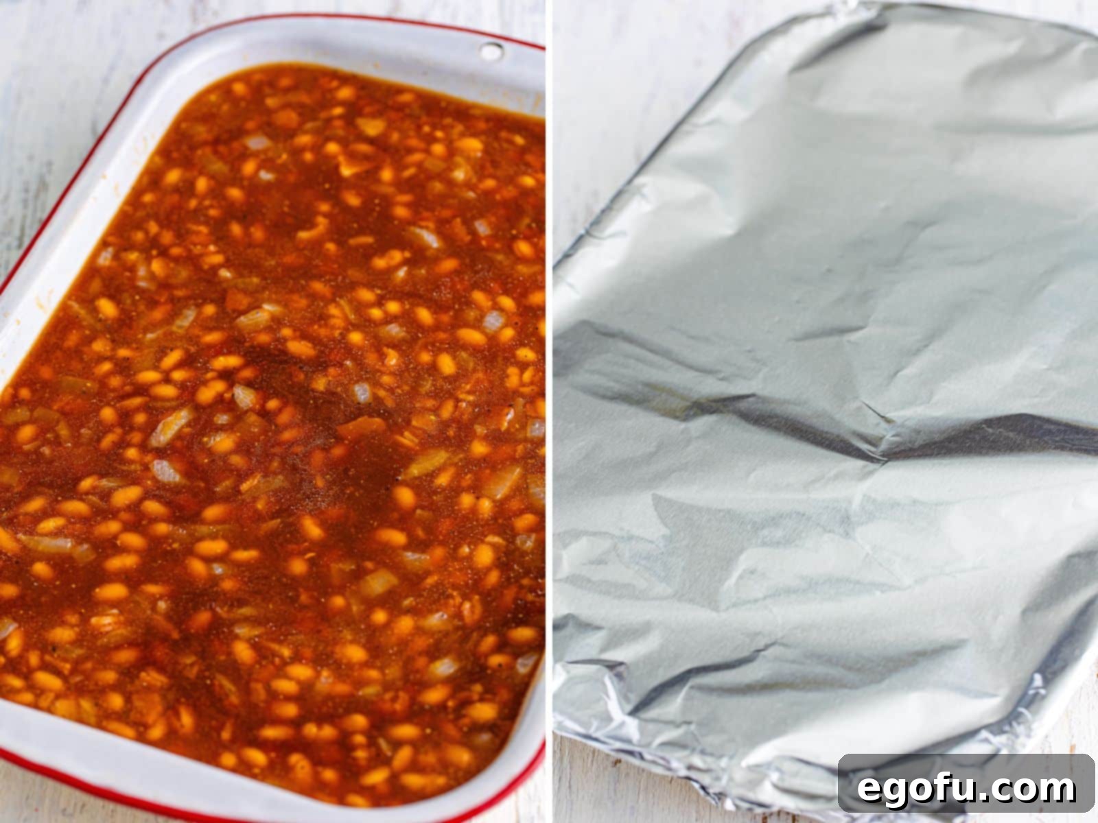 Hearty Comfort Baked Beans 7 A baking dish filled with Baked Beans, and a dish covered with aluminum foil.