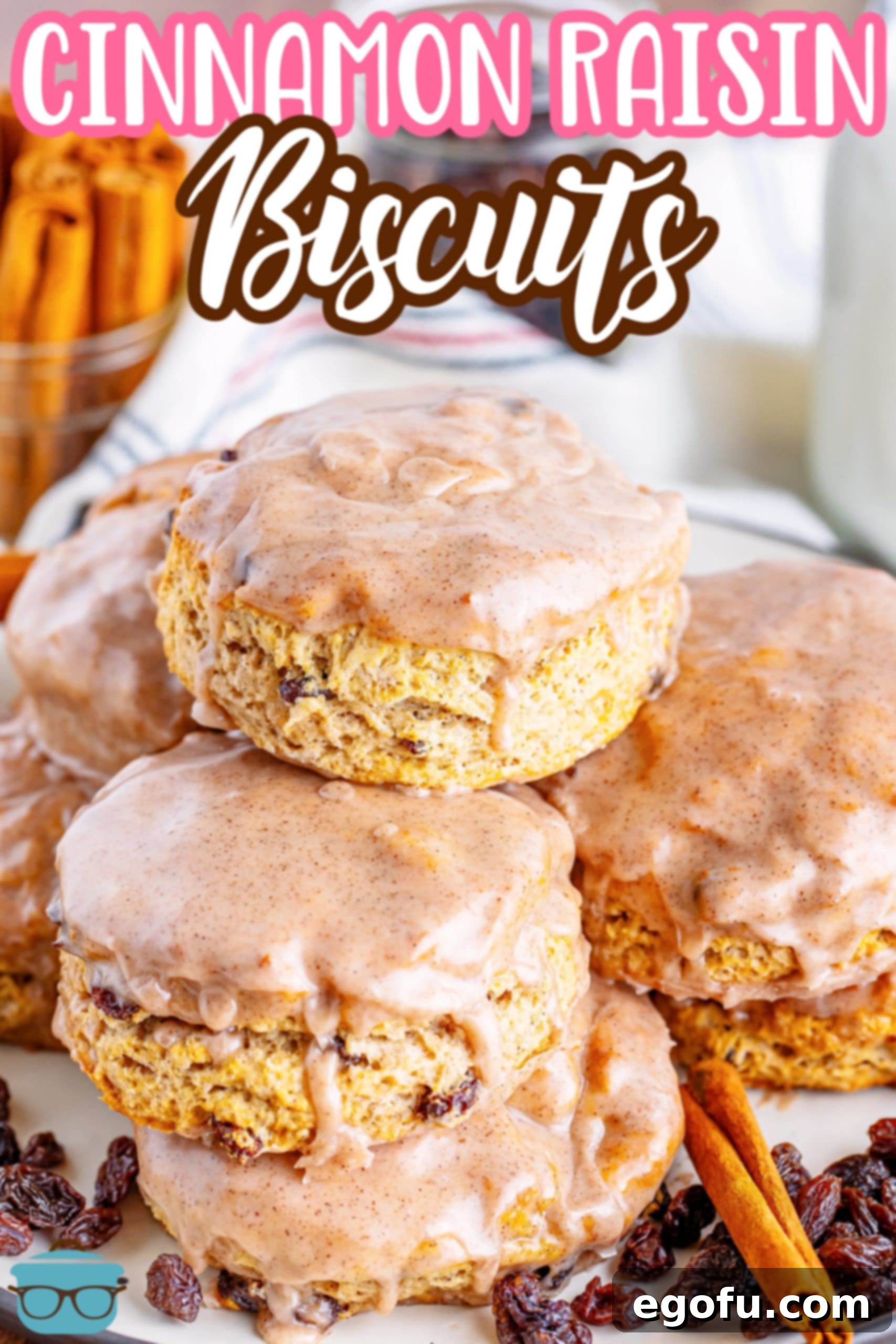 Buttery Cinnamon Raisin Biscuits 3 A few homemade Cinnamon Raisin Biscuits beautifully coated with a cinnamon glaze.