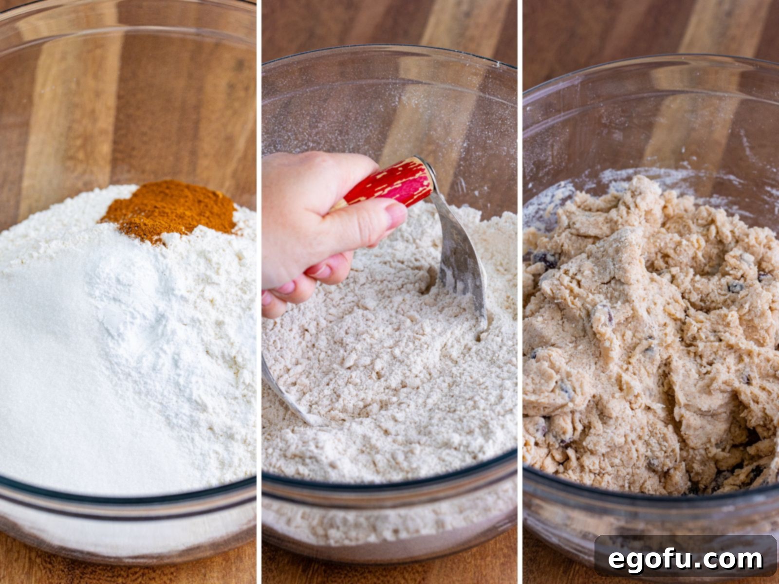 Buttery Cinnamon Raisin Biscuits 5 Three images showing the biscuit making process: a bowl of dry ingredients, a hand cutting in shortening, and the finished dough with raisins and buttermilk.