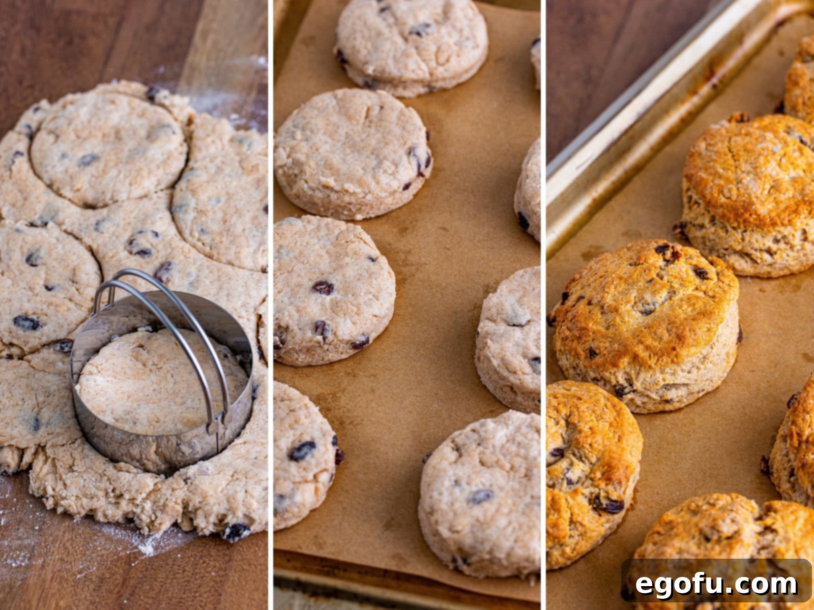 Buttery Cinnamon Raisin Biscuits 6 Images showing biscuit dough being cut with a biscuit cutter, raw biscuits on a baking sheet, and freshly baked biscuits.