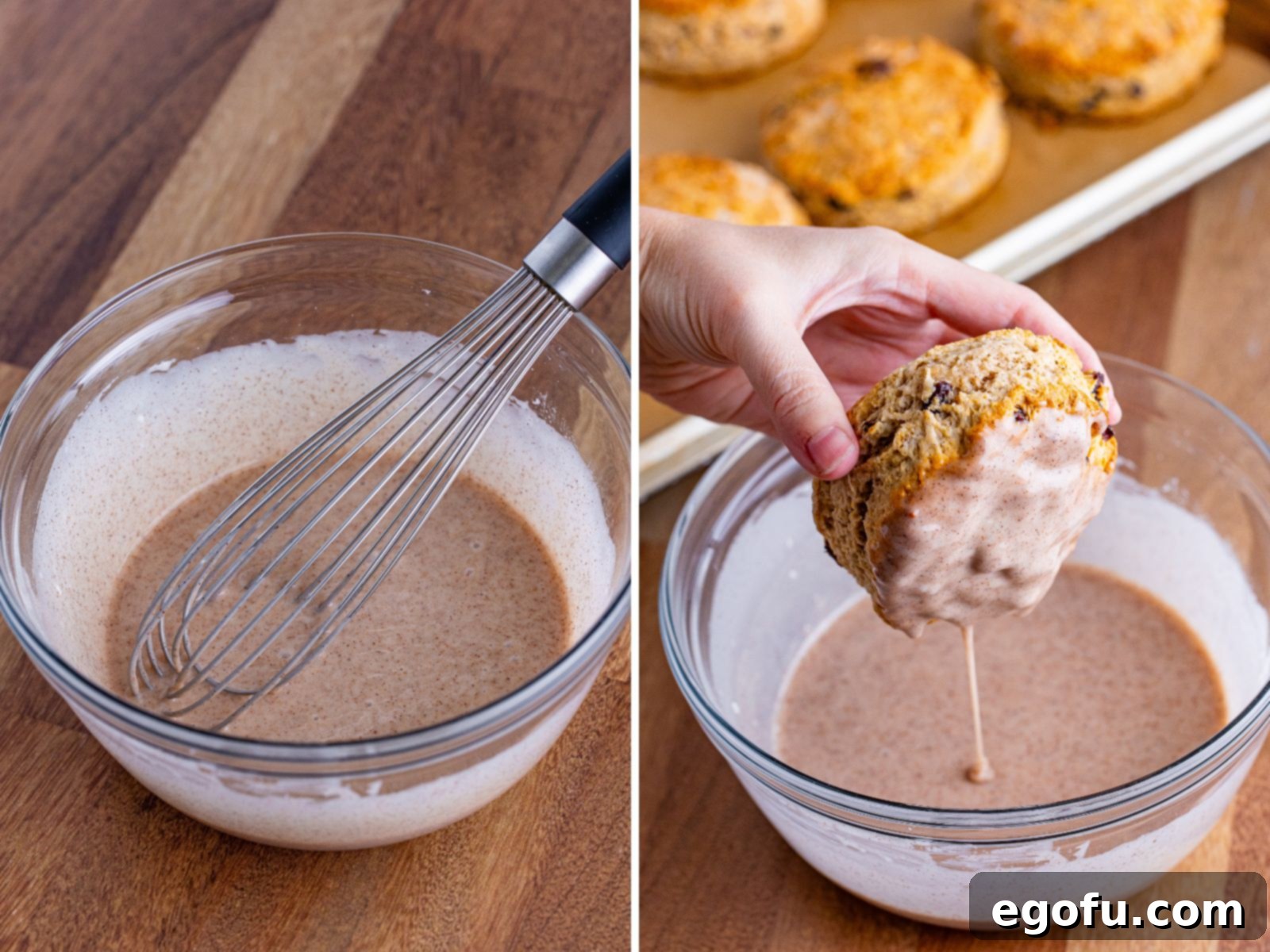 Buttery Cinnamon Raisin Biscuits 7 A bowl of cinnamon glaze and a hand dipping a baked biscuit into the glaze.