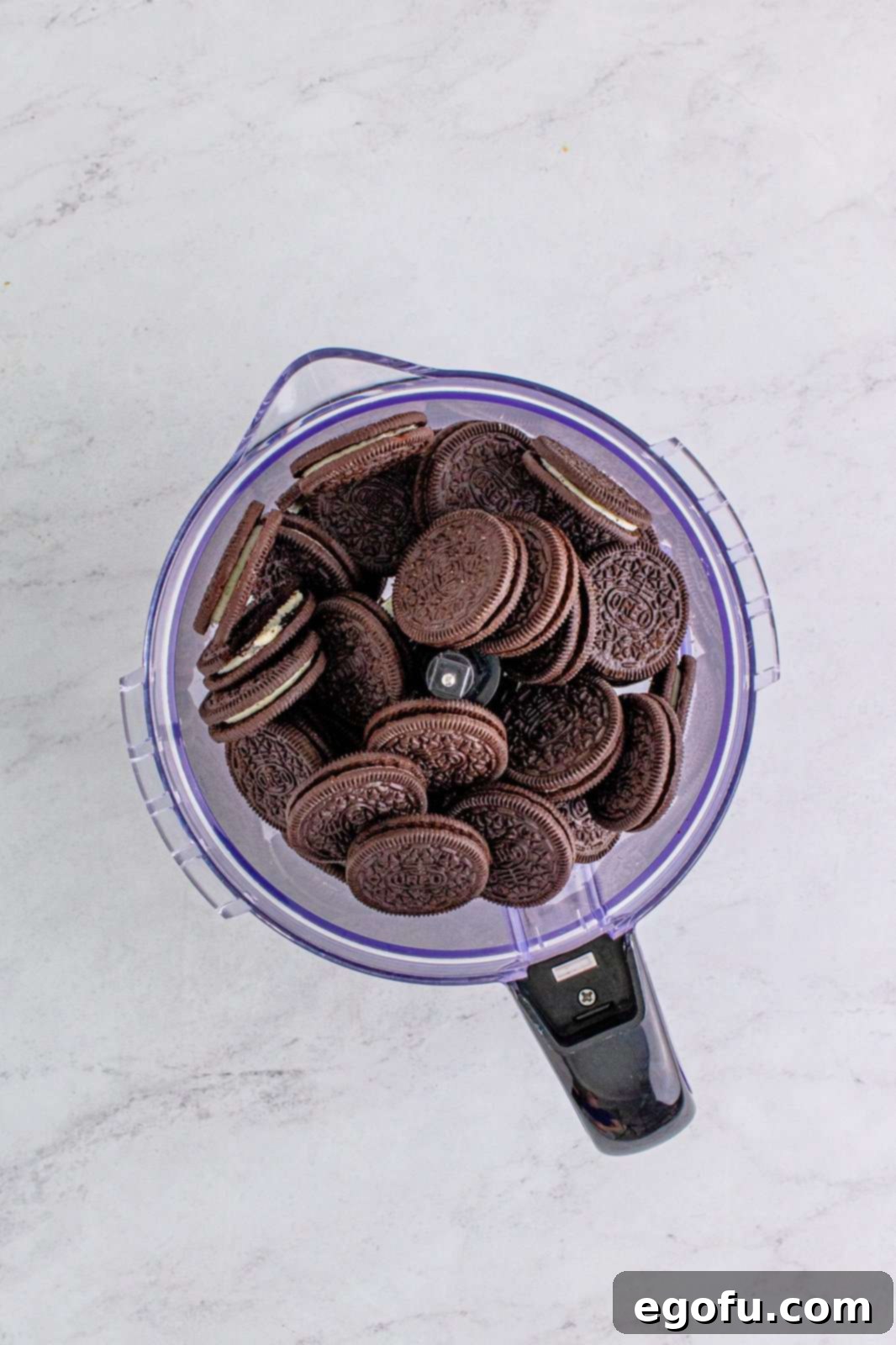 oreo cookies shown in a food processor.