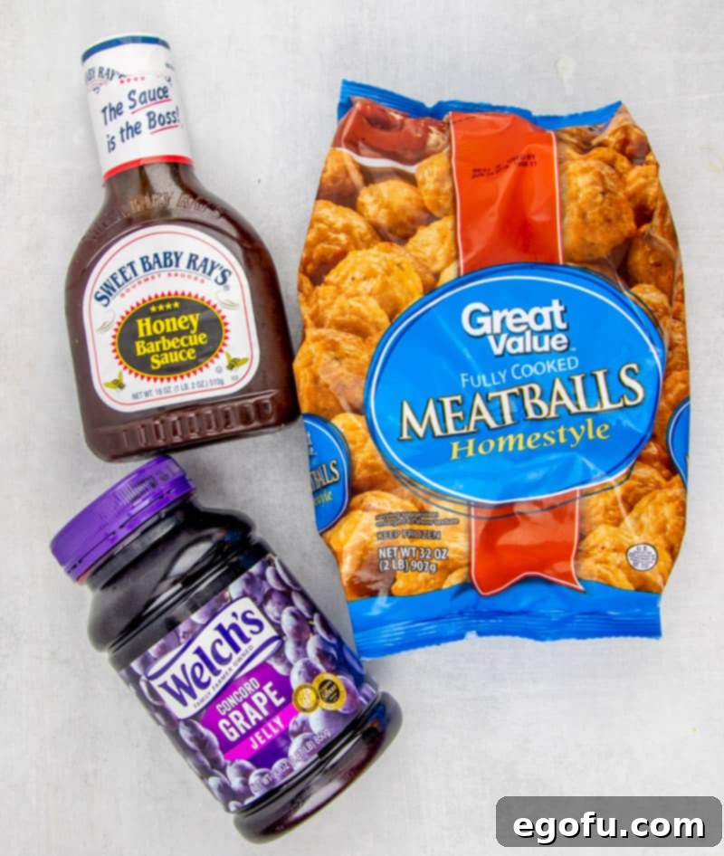 frozen meatballs, grape jelly, bbq sauce.
