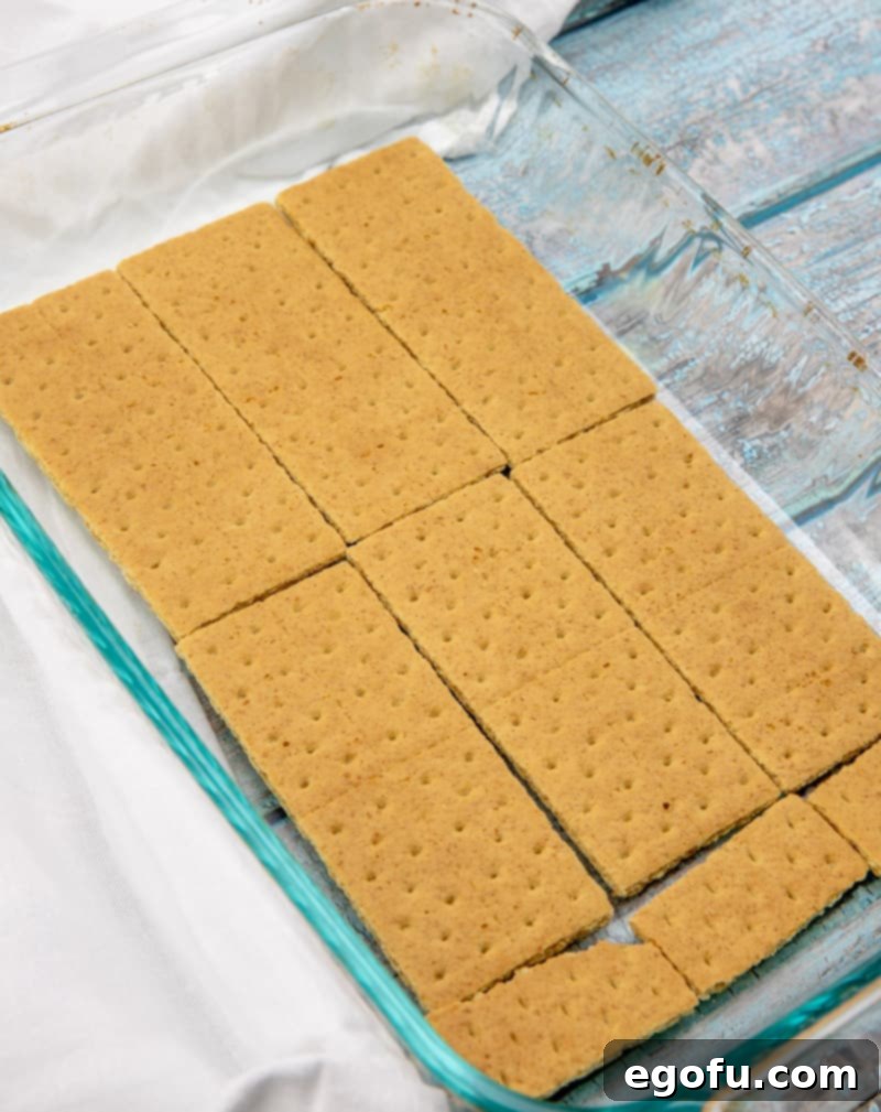 Graham crackers carefully layered into the bottom of a 9x13-inch baking dish, forming the first base.