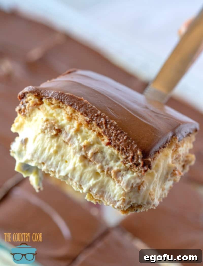 A serving spatula lifting a perfect slice of Eclair Cake, showcasing its well-defined layers of chocolate, pudding, and graham crackers.