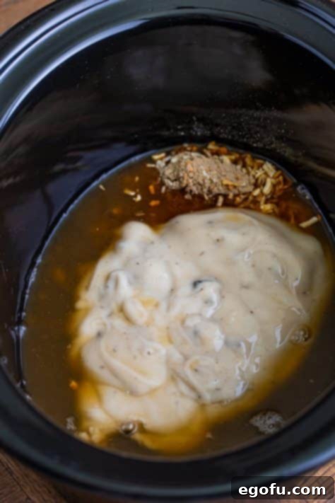 A Crock Pot with cream of mushroom, onion soup mix, beef broth, and other ingredients.