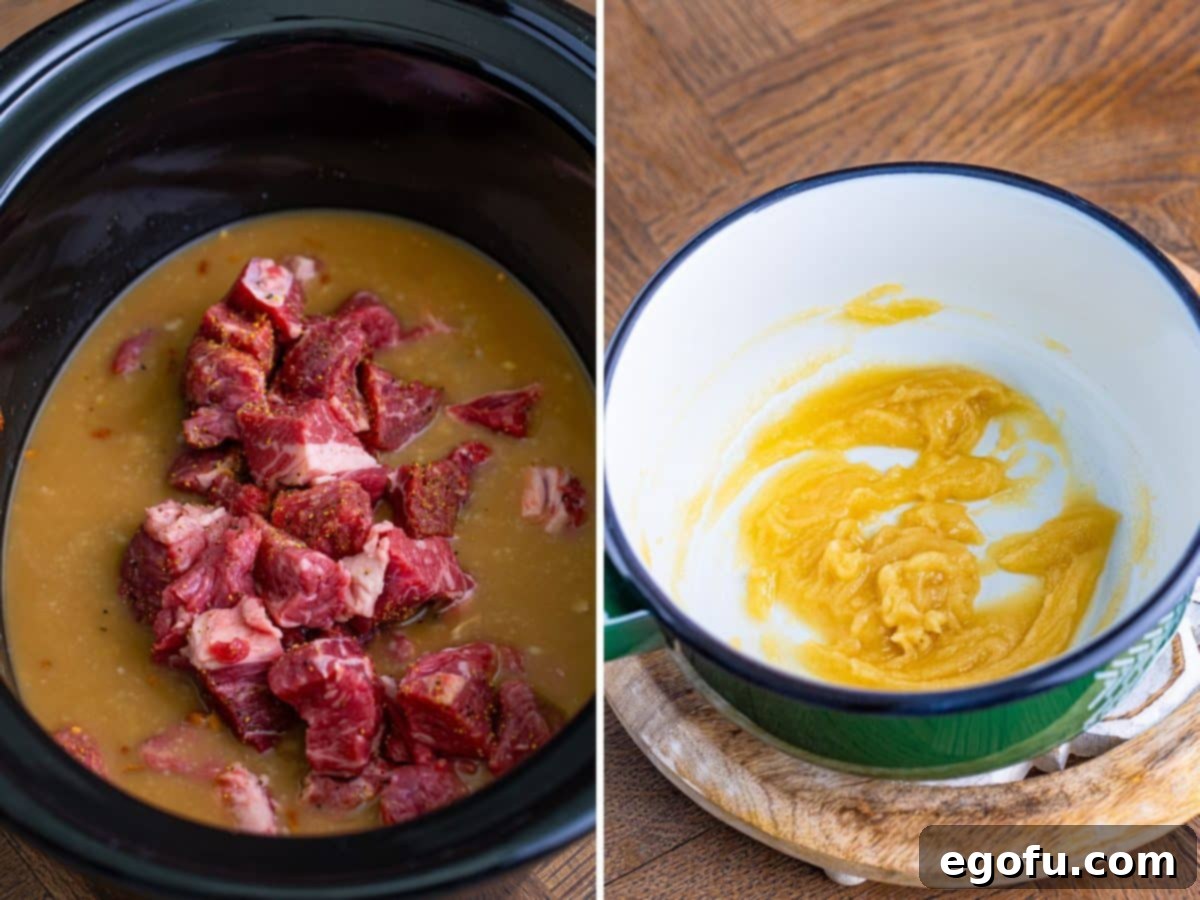 A crockpot filled with uncooked beef and gravy on one side, and a pot containing a thick, golden roux on the other.