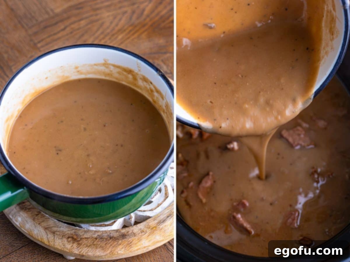 A pot of thick gravy on the stove, and thickened gravy being poured back into the Crockpot with the beef tips.