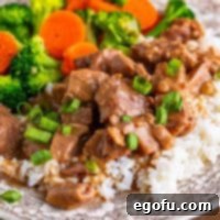 Close up looking at a serving of Crock Pot Beef Tips and Gravy.