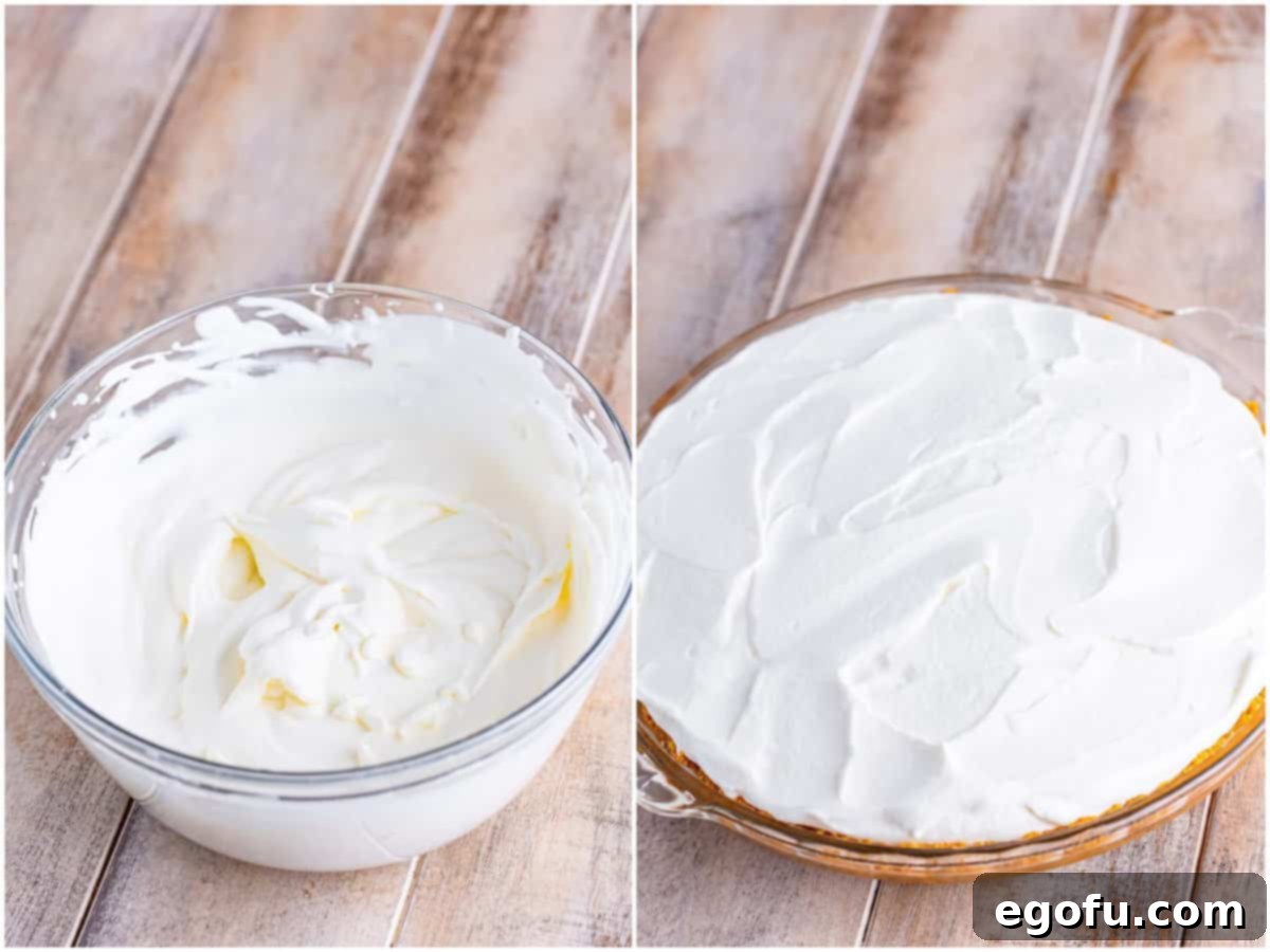 Golden Banana Dream Pie 11 A two-panel collage showing the whipped cream preparation: fluffy, white whipped cream in a mixing bowl, followed by the cream beautifully spread over the finished pie.