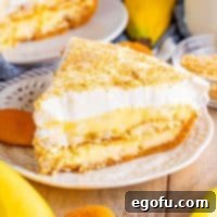 Golden Banana Dream Pie 14 A charming slice of homemade banana pudding pie presented on a small white plate, inviting a taste.