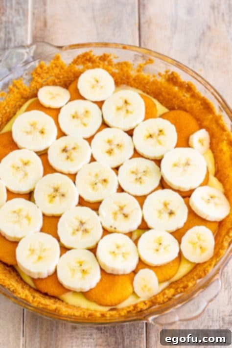 Golden Banana Dream Pie 25 Another layer of sliced bananas being added on top of the vanilla wafer layer in the pie.