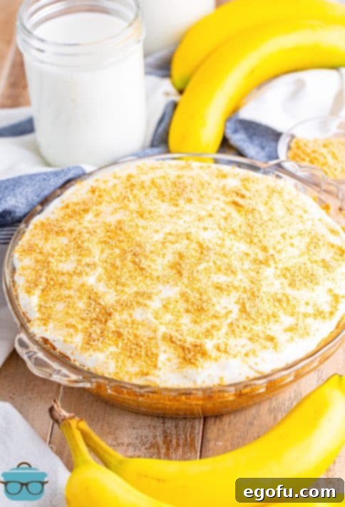 Golden Banana Dream Pie 29 The fully finished Banana Pudding Pie, artfully topped with whipped cream and reserved Nilla wafer crumbs, ready for serving.