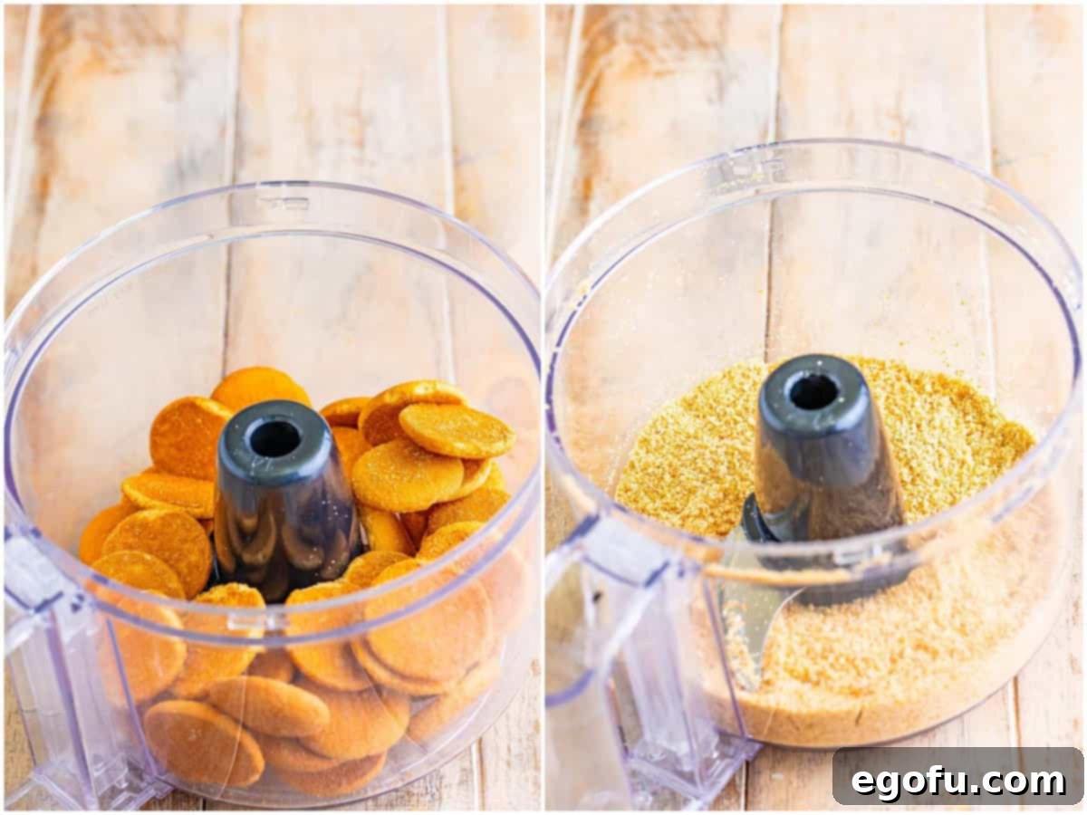 Golden Banana Dream Pie 5 A close-up collage showing vanilla wafers being processed in a food processor, transforming into fine crumbs, ready for the pie crust.