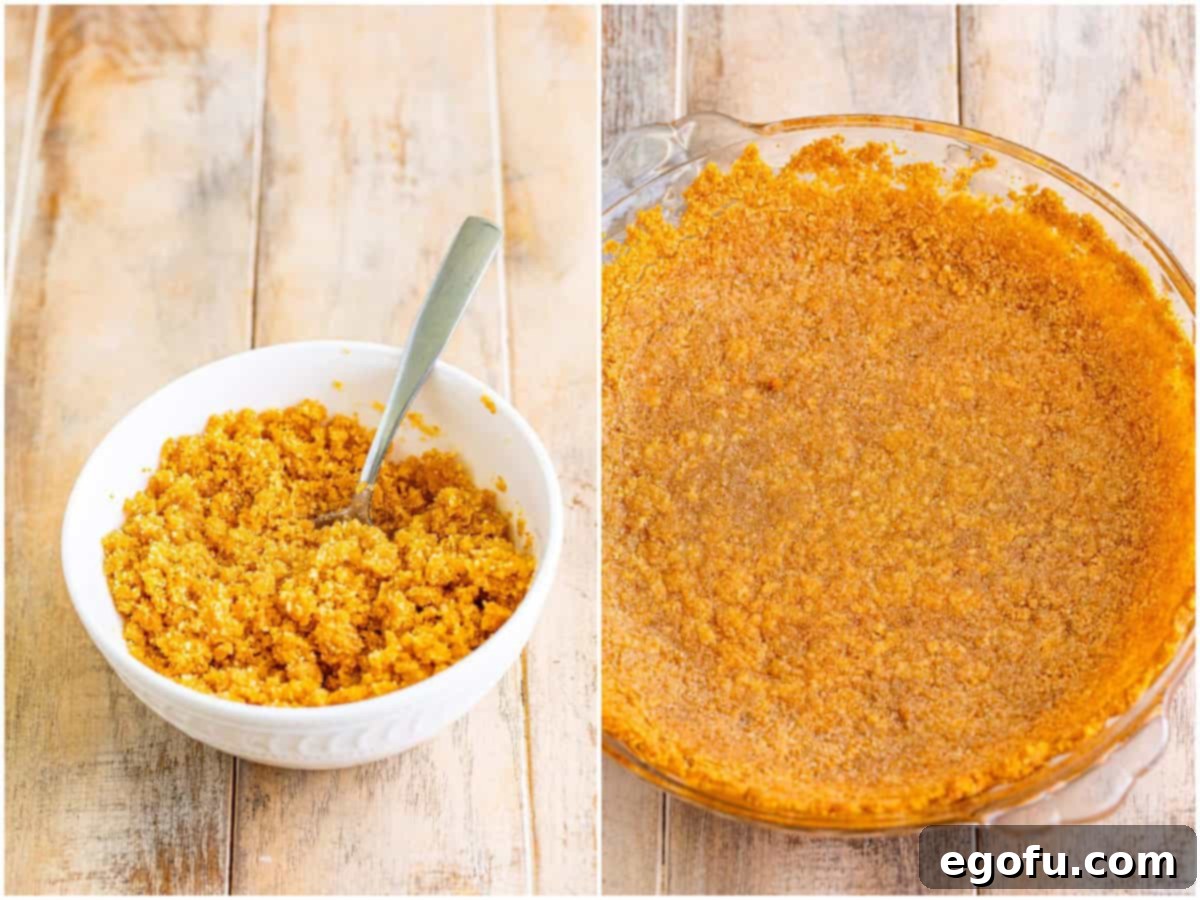 Golden Banana Dream Pie 6 A collage showing the process of making the Nilla wafer pie crust: first, buttered crumbs in a bowl, and then the crumbs firmly pressed into a pie pan, ready for baking.