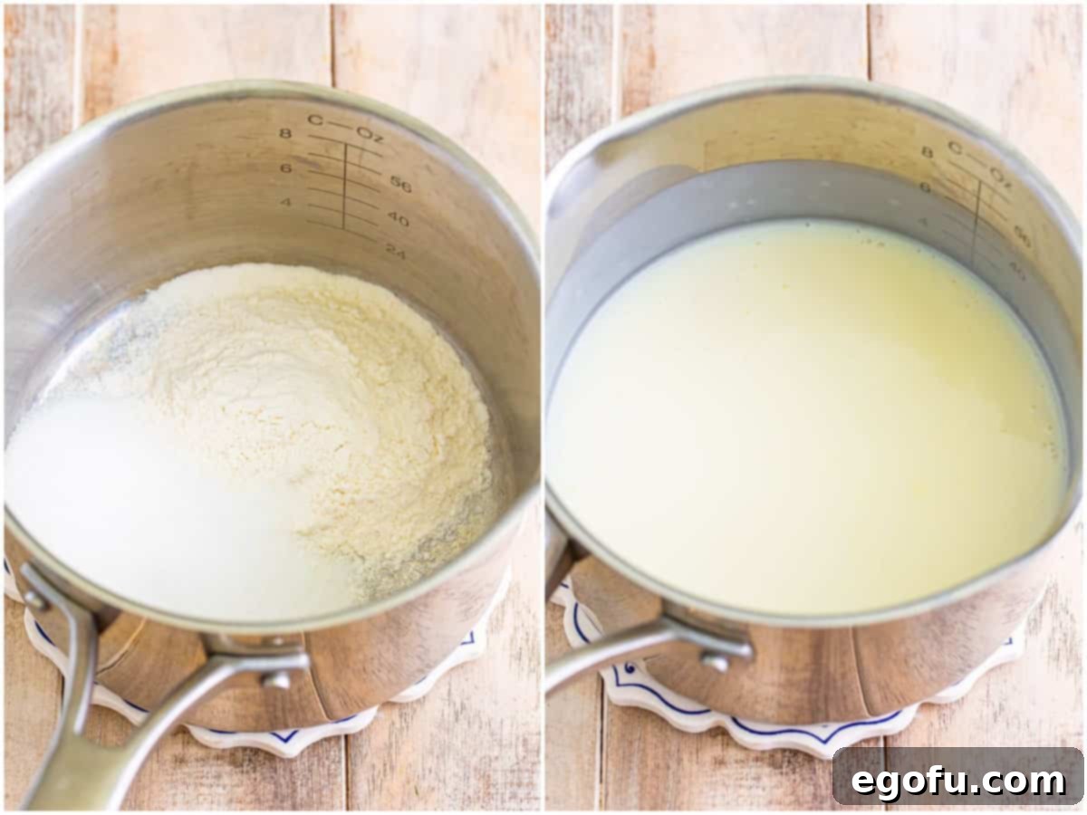 Golden Banana Dream Pie 7 A collage showing the initial steps of making the pudding: dry ingredients like flour, sugar, and salt mixed in a pot, followed by milk being gradually added and whisked in.