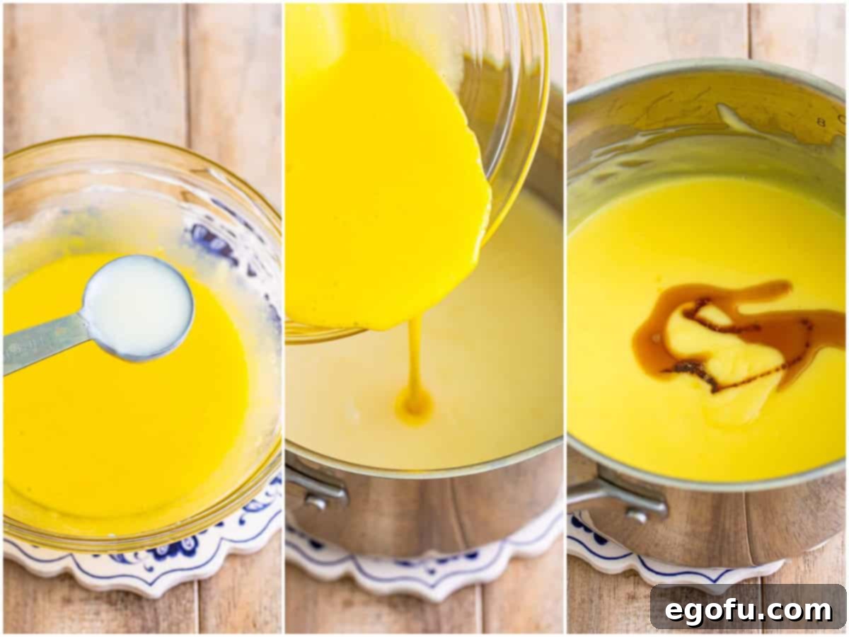 Golden Banana Dream Pie 8 A three-panel collage illustrating the tempering process: warm milk being added to egg yolks, the tempered egg mixture being poured into the pudding, and finally, vanilla extract stirred into the finished pudding.