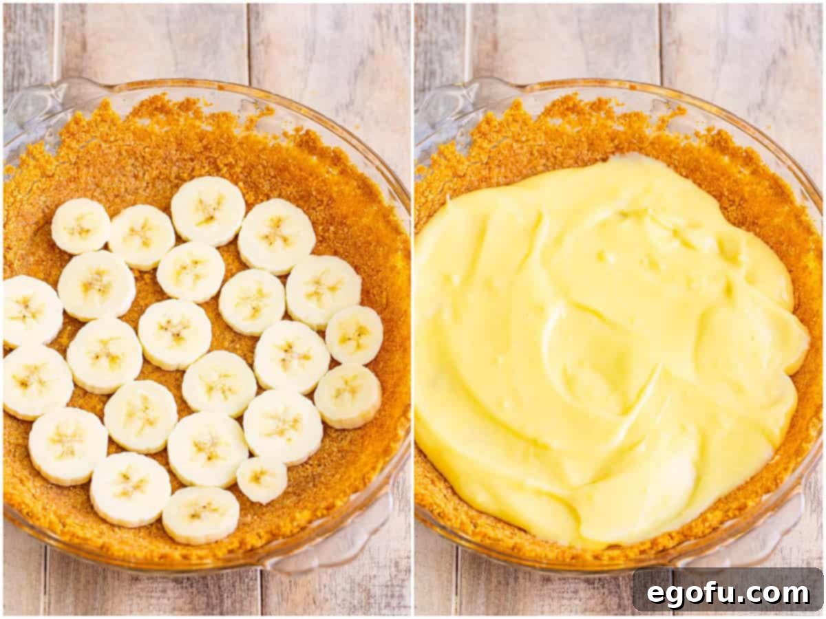 Golden Banana Dream Pie 9 A collage displaying the initial pie assembly: first, a layer of fresh banana slices arranged neatly over the cooled Nilla wafer crust, followed by a smooth layer of homemade pudding spread over the bananas.