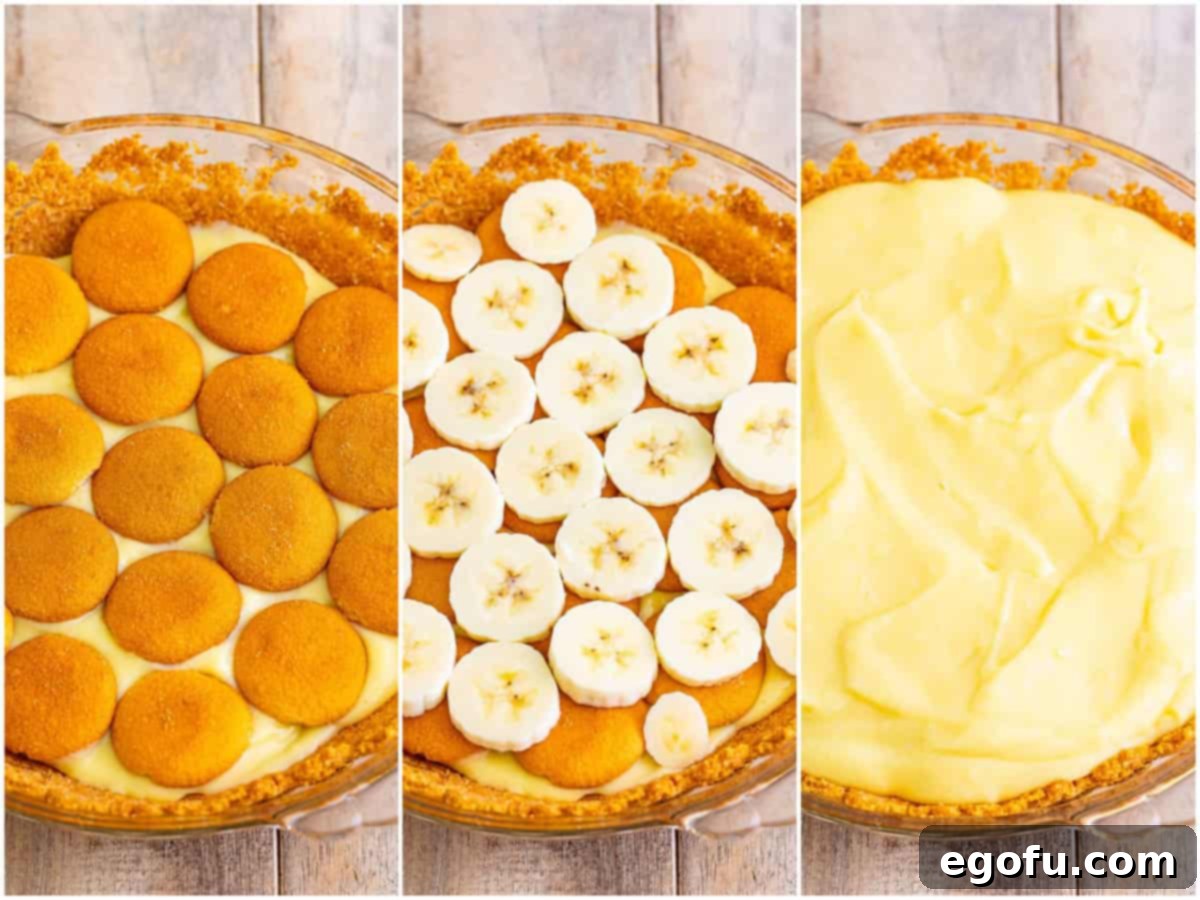 Golden Banana Dream Pie 10 A three-panel collage demonstrating the final assembly layers: Nilla wafers over pudding, followed by more sliced bananas, and finally, the last layer of creamy pudding spread evenly on top.
