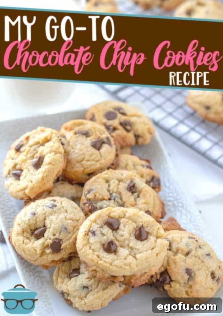 A stack of golden brown, soft chocolate chip cookies, showcasing their perfect texture and generous chocolate distribution, ready to be enjoyed.
