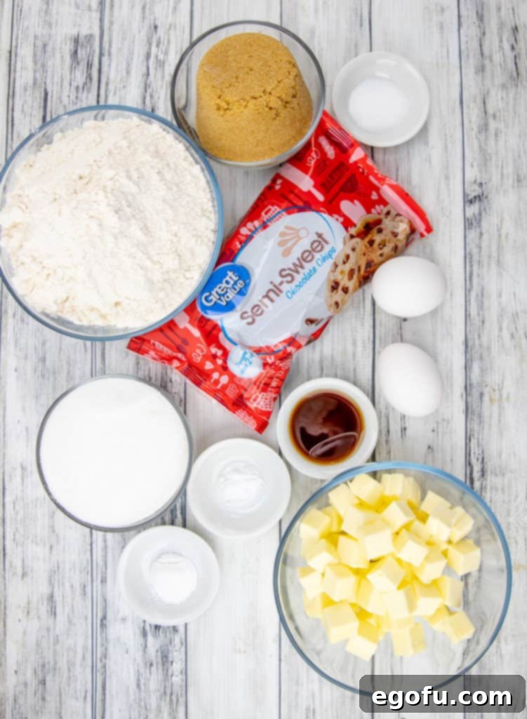 A flat lay photograph showcasing all the essential ingredients for making chocolate chip cookies: unsalted butter, granulated sugar, light brown sugar, large eggs, vanilla extract, all-purpose flour, salt, baking powder, baking soda, and a generous pile of chocolate chips.