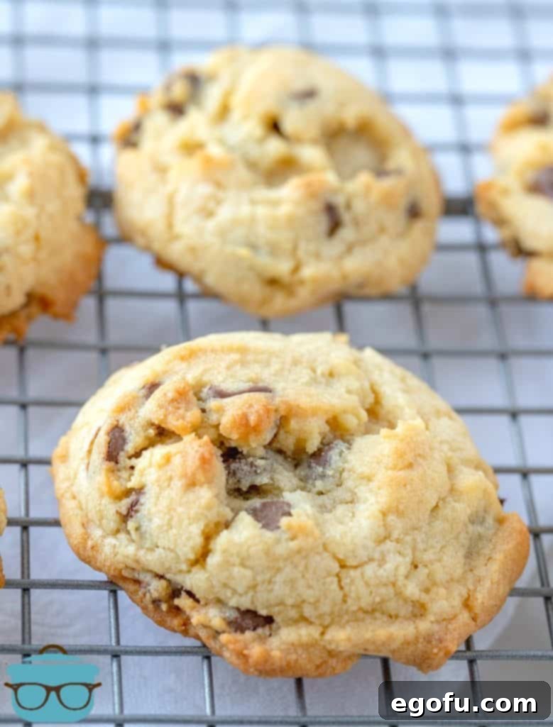 Freshly baked chocolate chip cookies cooling on a wire rack, showcasing their golden brown edges and soft centers, ready to be enjoyed or stored.