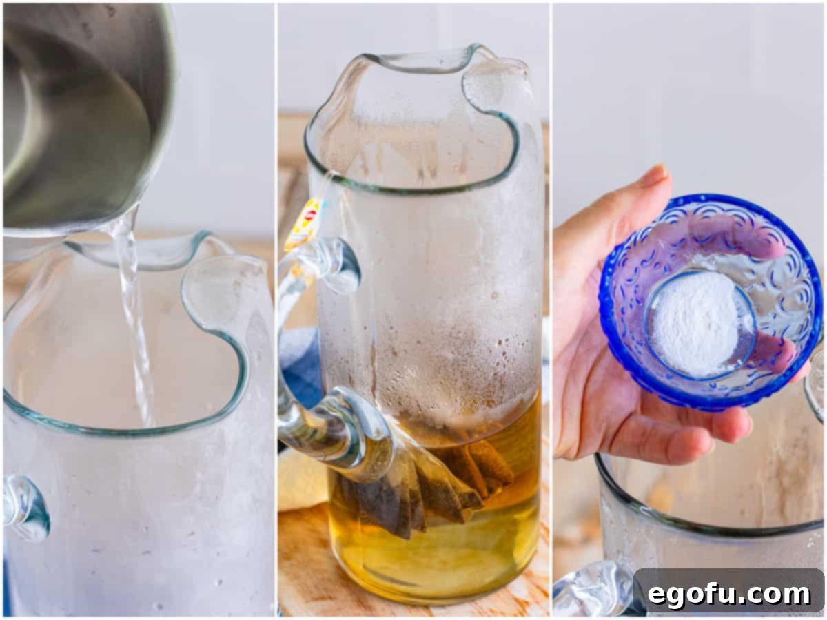 A collage of three instructional photos: pouring boiling water into a pitcher, adding three large tea bags to the hot water, and a small bowl of baking soda being added to the pitcher.