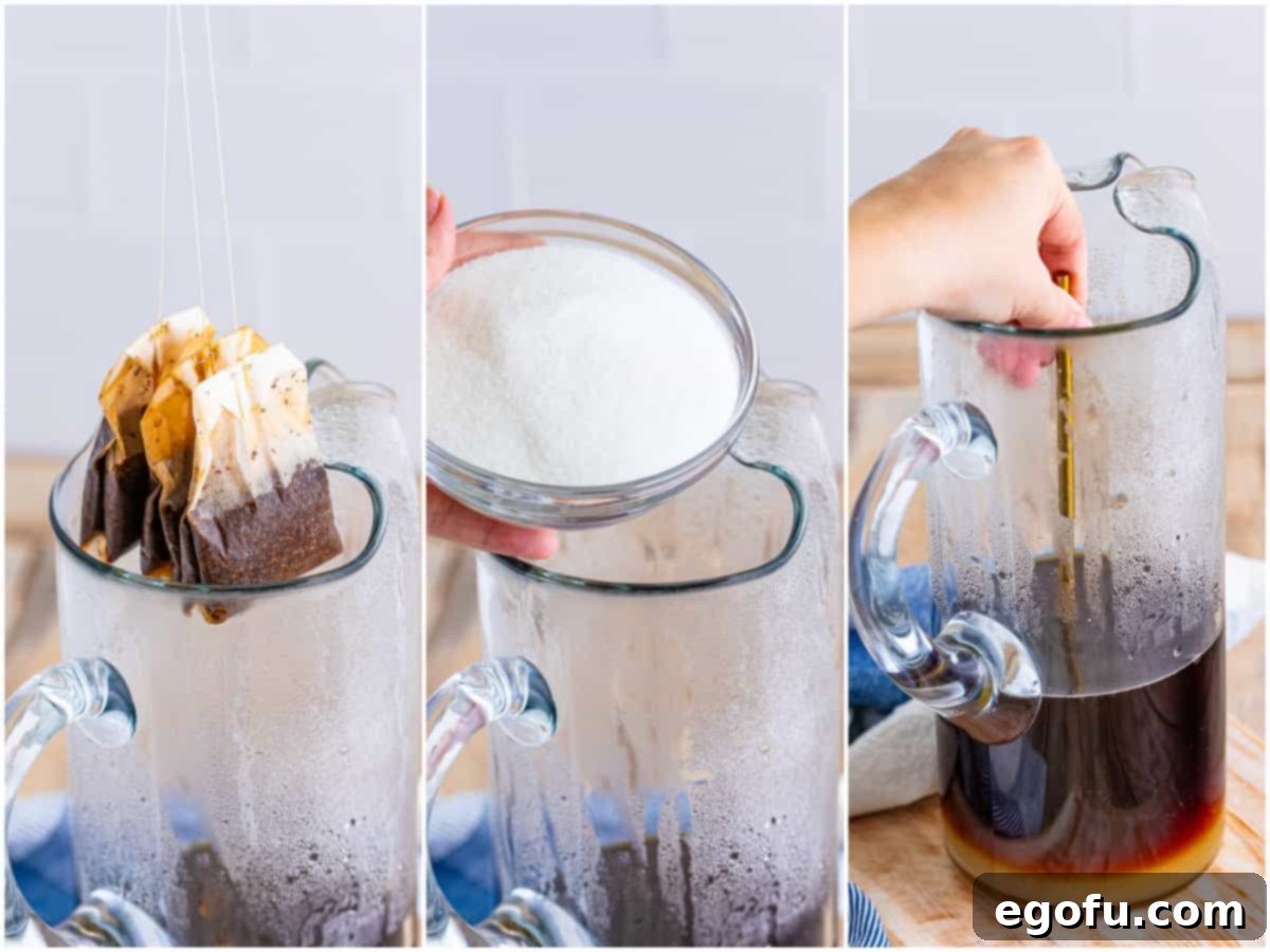 A collage of three photos illustrating the next steps: tea bags being removed from the pitcher, granulated sugar being added, and a straw stirring the sugar into the tea.